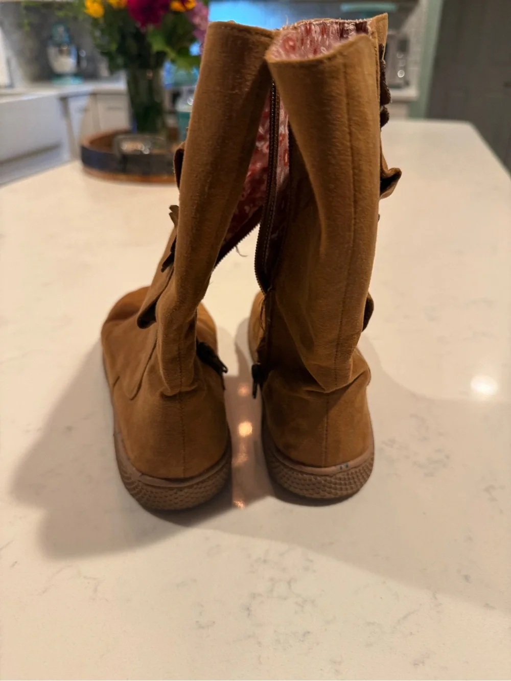 Livie and Luca Brown Suede Flower Button Mid-Calf Boots